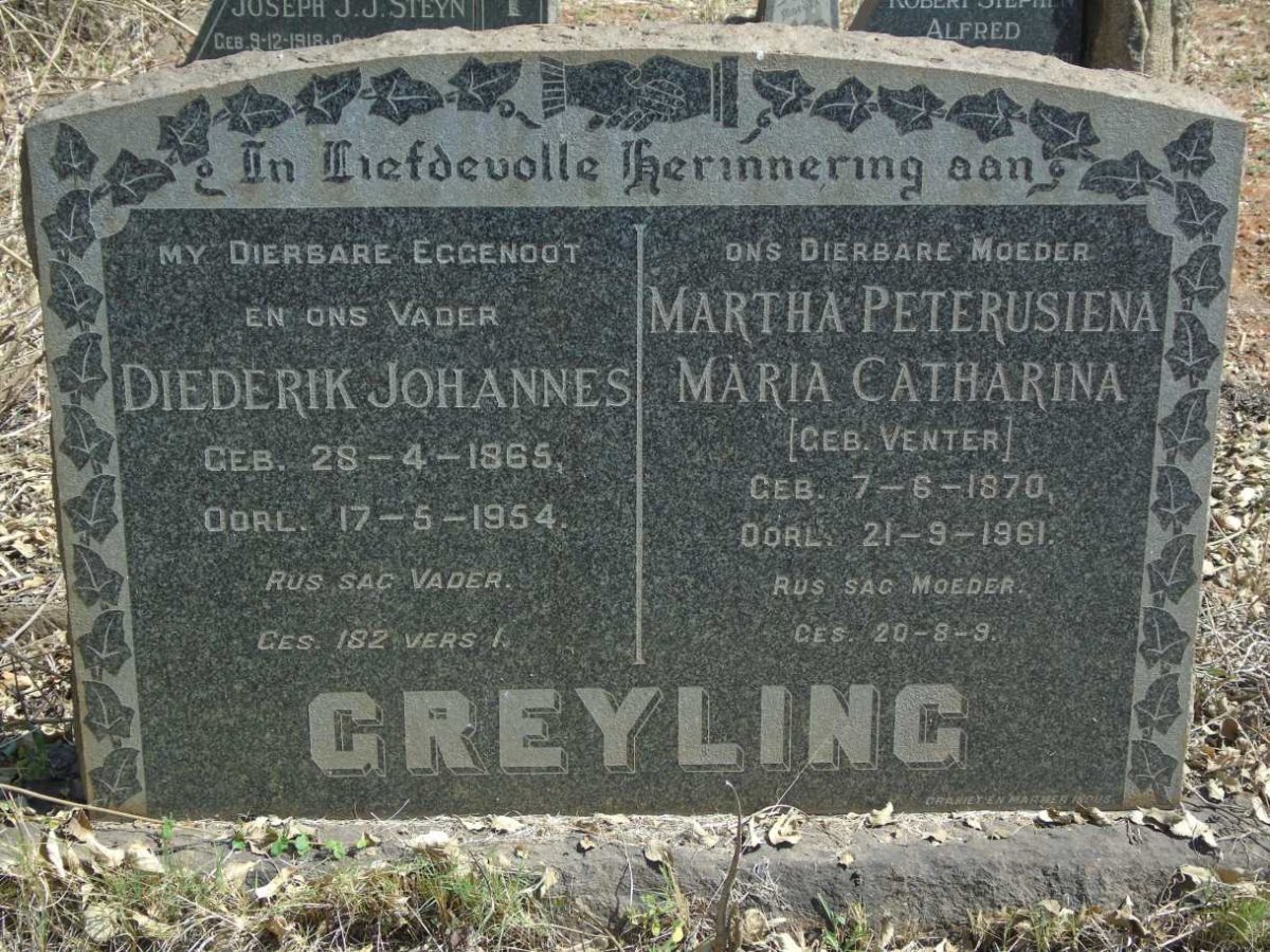GREYLING Diederik Johannes 1865-1954 & Martha Peterusiena Maria Catharina VENTER 1870-1961