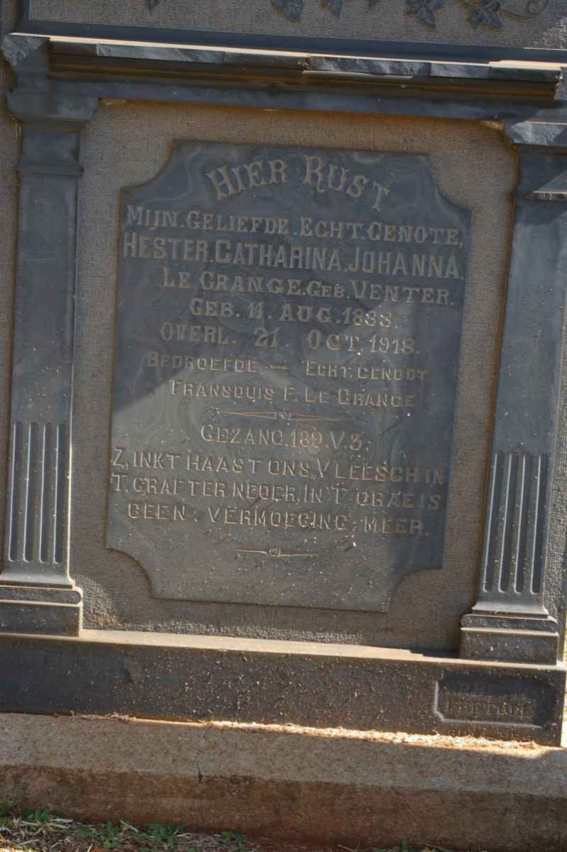 GRANGE Hester Catharina Johanna, le nee VENTER 1888-1918