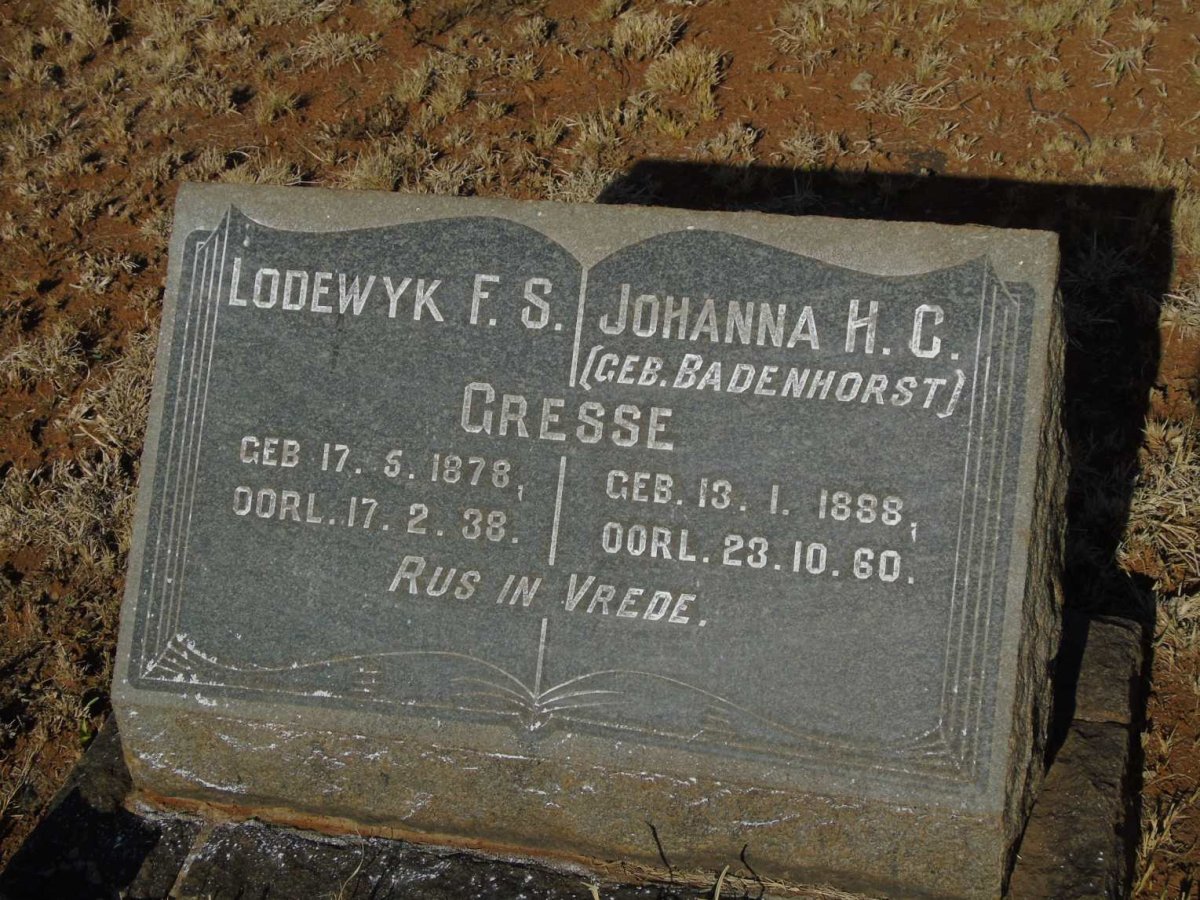 GRESSE Lodewyk F.S. 1878-1938 & Johanna H.C. BADENHORST 1888-1960