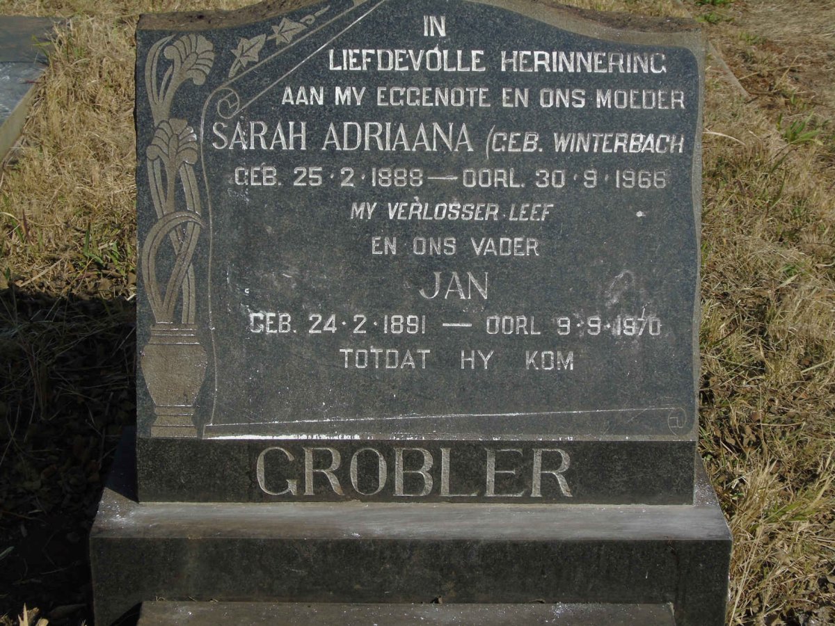 GROBLER Jan 1891-1970 &amp; Sarah Adriaana WINTERBACH 1888-1966