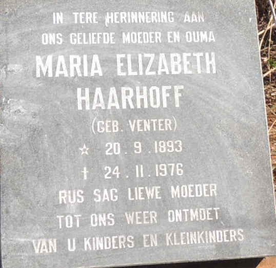 HAARHOFF Maria Elizabeth nee VENTER 1893-1976