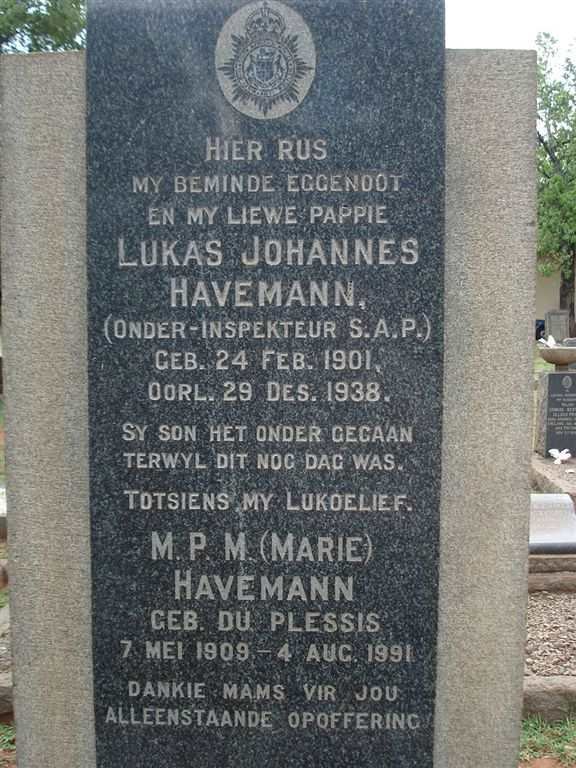 HAVEMANN Lukas Johannes 1901-1938 &amp; M.P.M DU PLESSIS 1909-1991