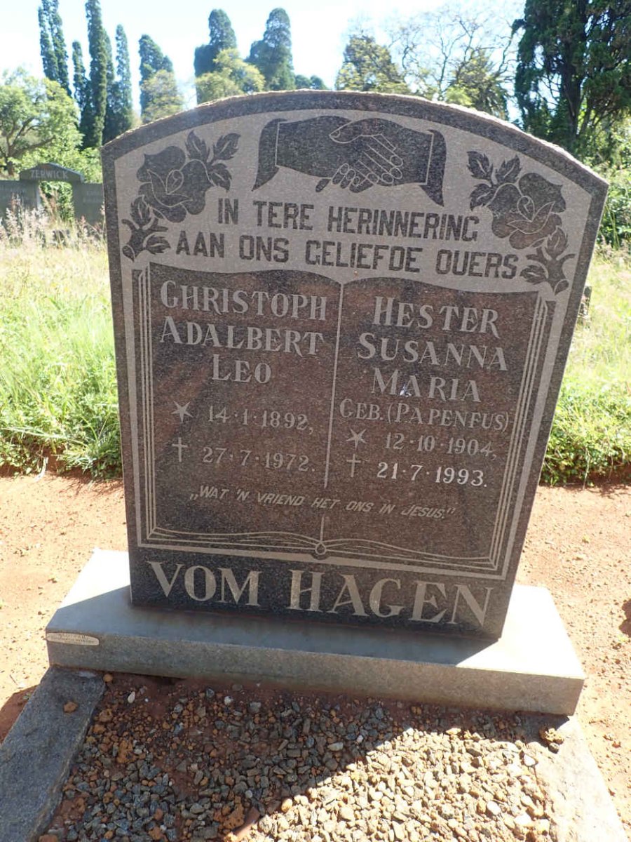 HAGEN Christoph Adelbert Leo, vom 1892-1972 &amp; Hester Susanna Maria PAPENFUS 1904-1993