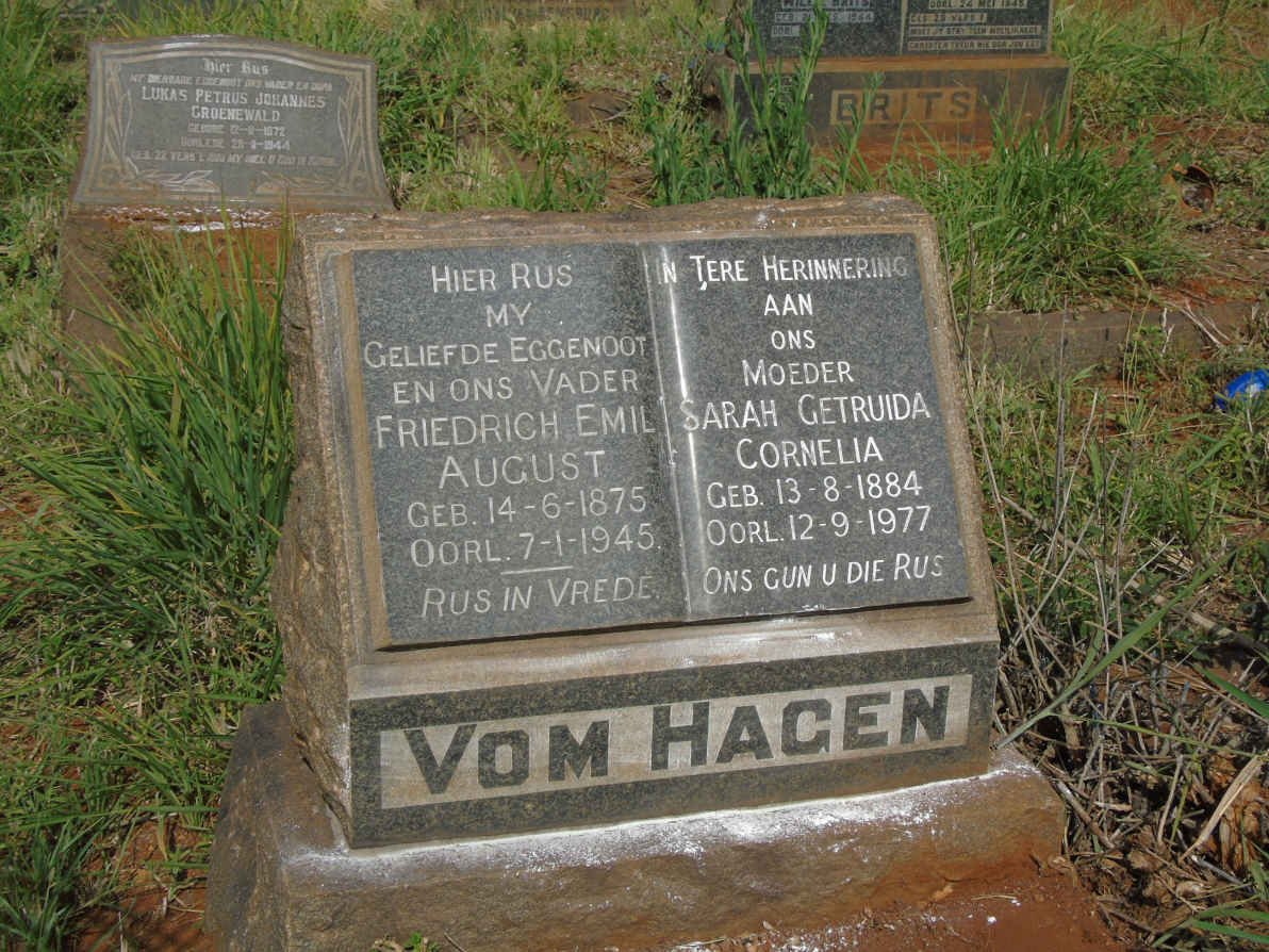 HAGEN Friedrich Emil August, vom 1875-1945 &amp; Sarah Getruida Cornelia 1884-1977