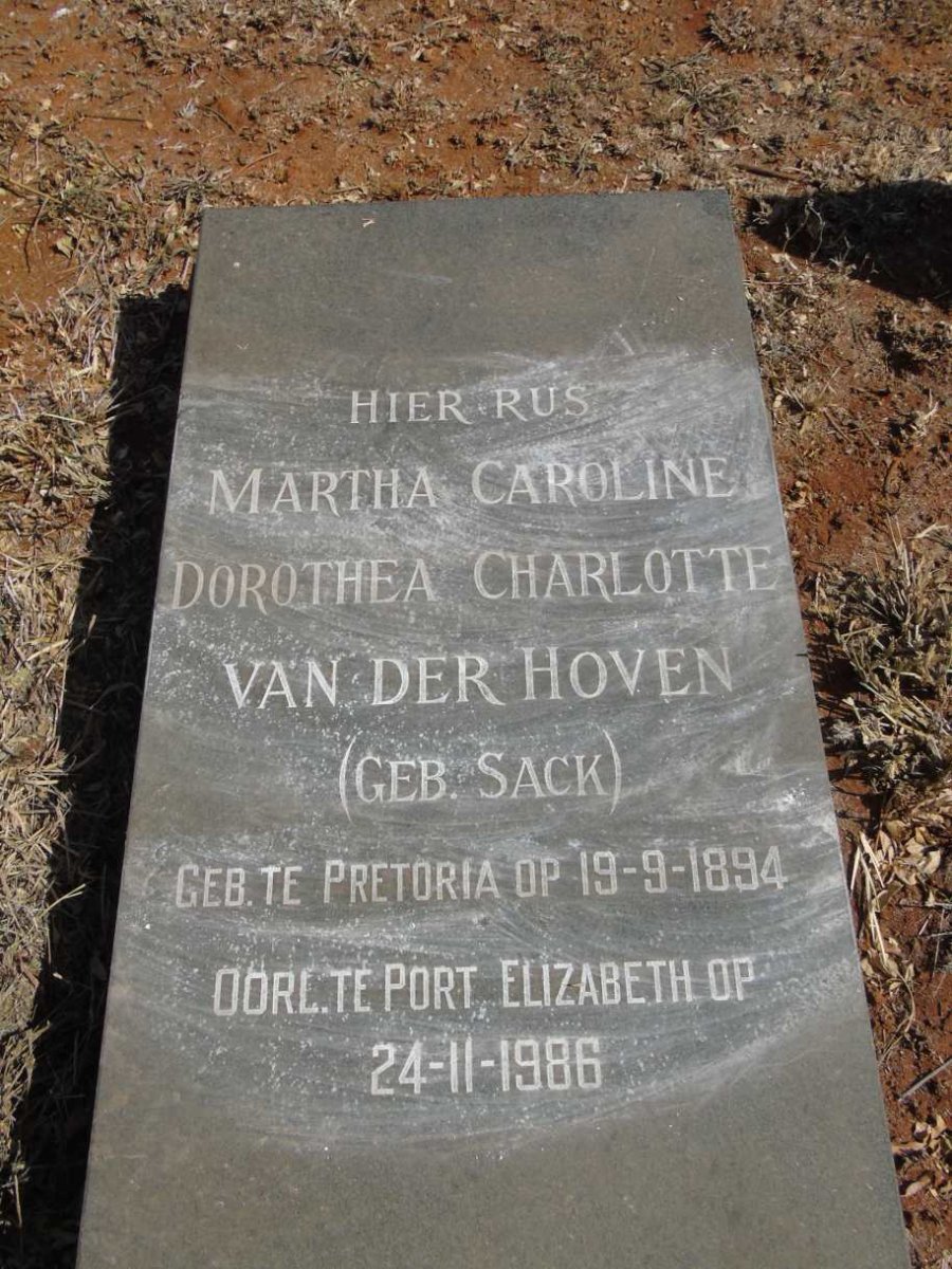 HOVEN Martha Caroline Dorothea Charlotte, van der nee SACK 1894-1986 