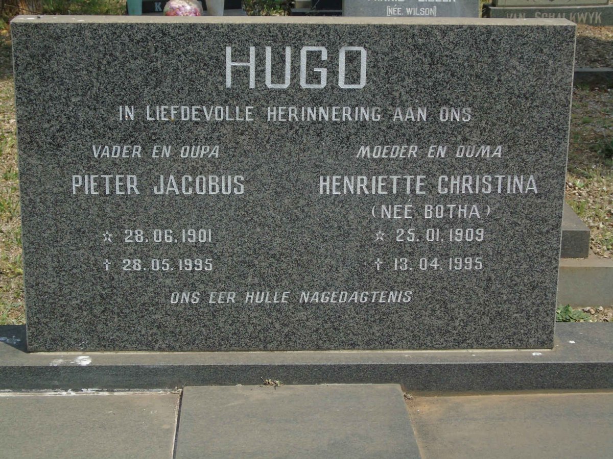 HUGO Pieter Jacobus 1901-1995 &amp; Henriette Christina BOTHA 1909-1995