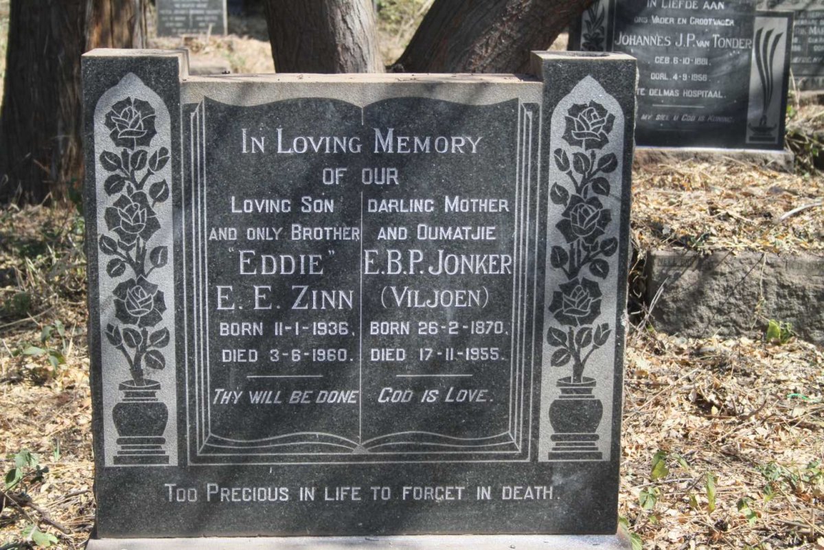 JONKER E.B.P. nee VILJOEN 1870-1955 :: ZINN E.E. 1936-1960