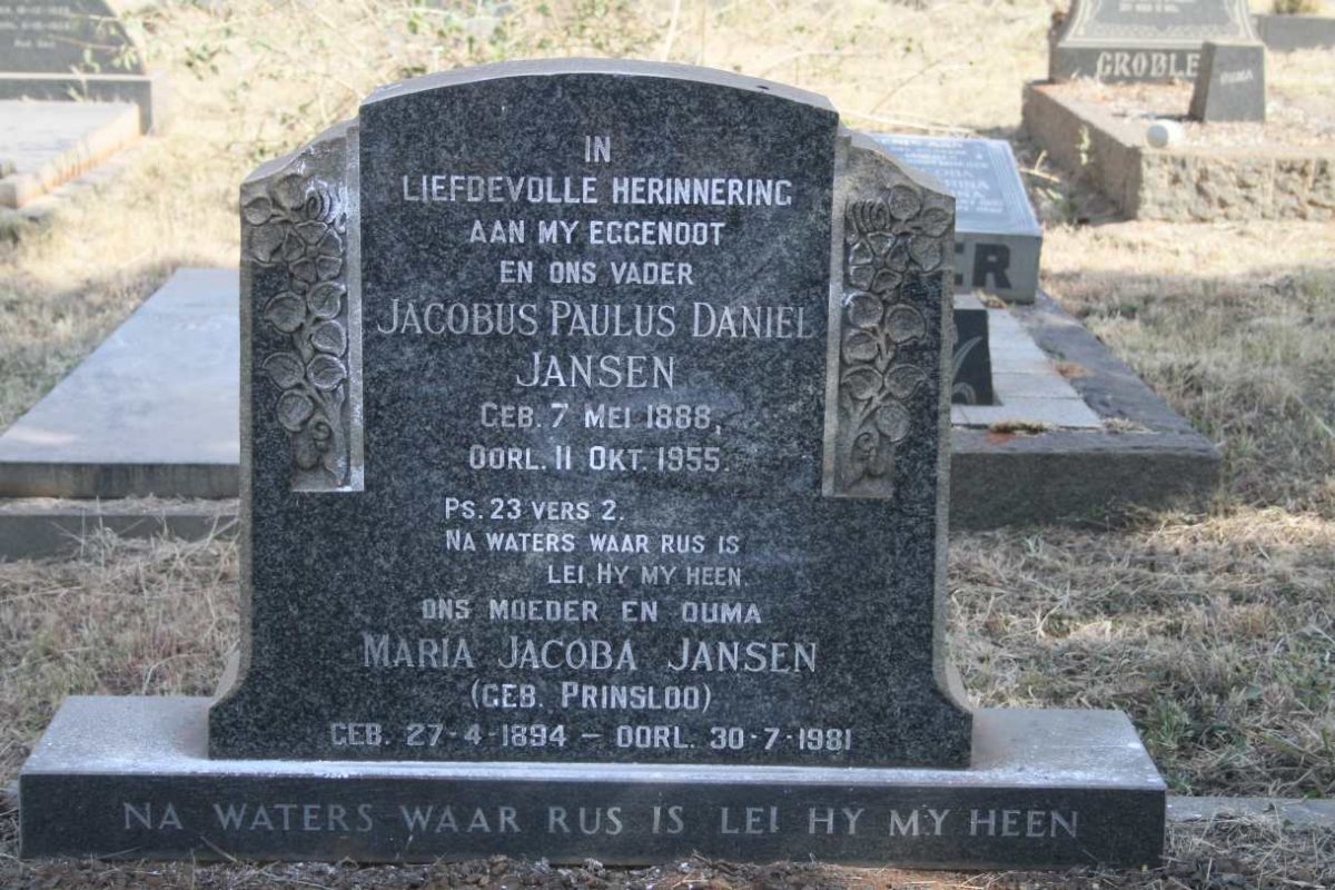 JANSEN Jacobus Paulus Daniel 1888-1955 & Maria Jacoba PRINSLOO 1894-1981