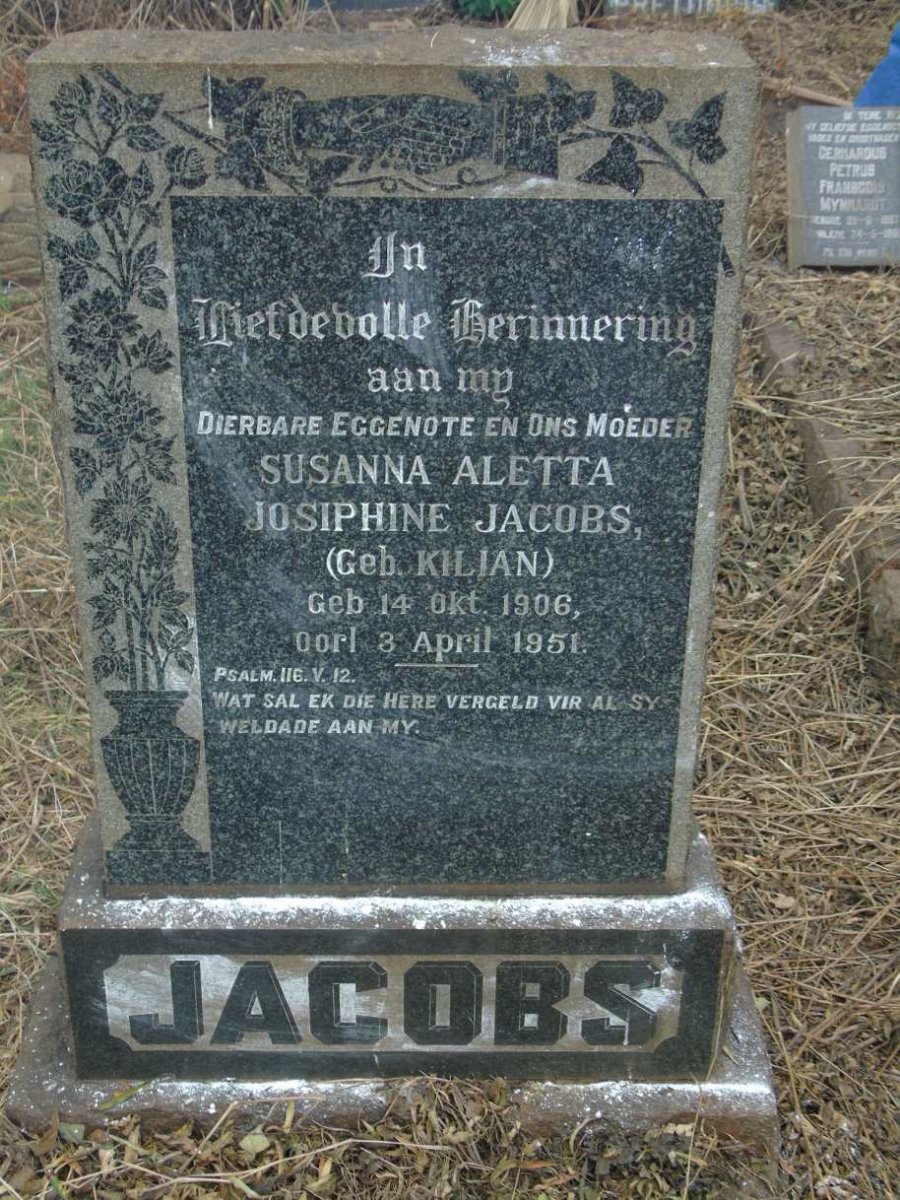 JACOBS Susanna Aletta Josiphine nee KILIAN 1906-1951