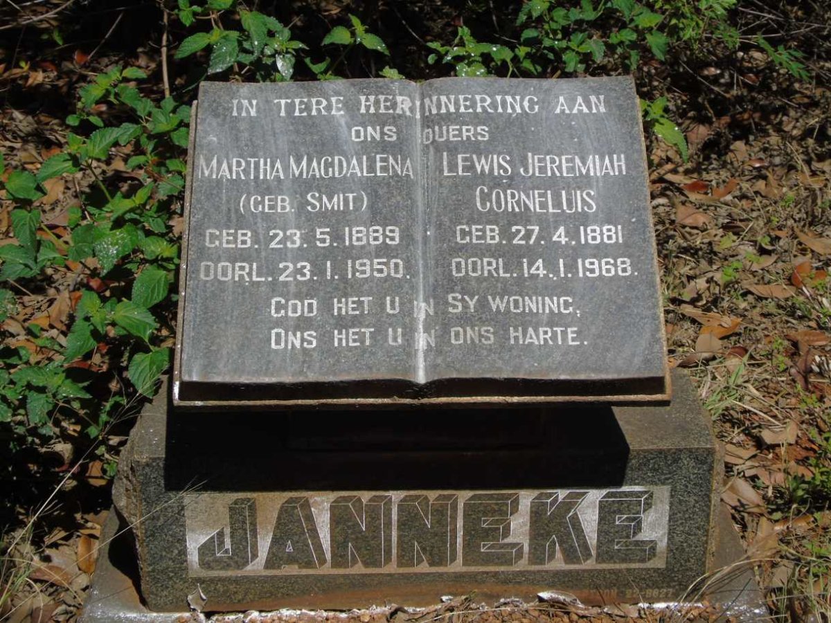 JANNEKE Lewis Jeremiah Cornelius 1881-1968 & Martha Magdalena SMIT 1889-1950