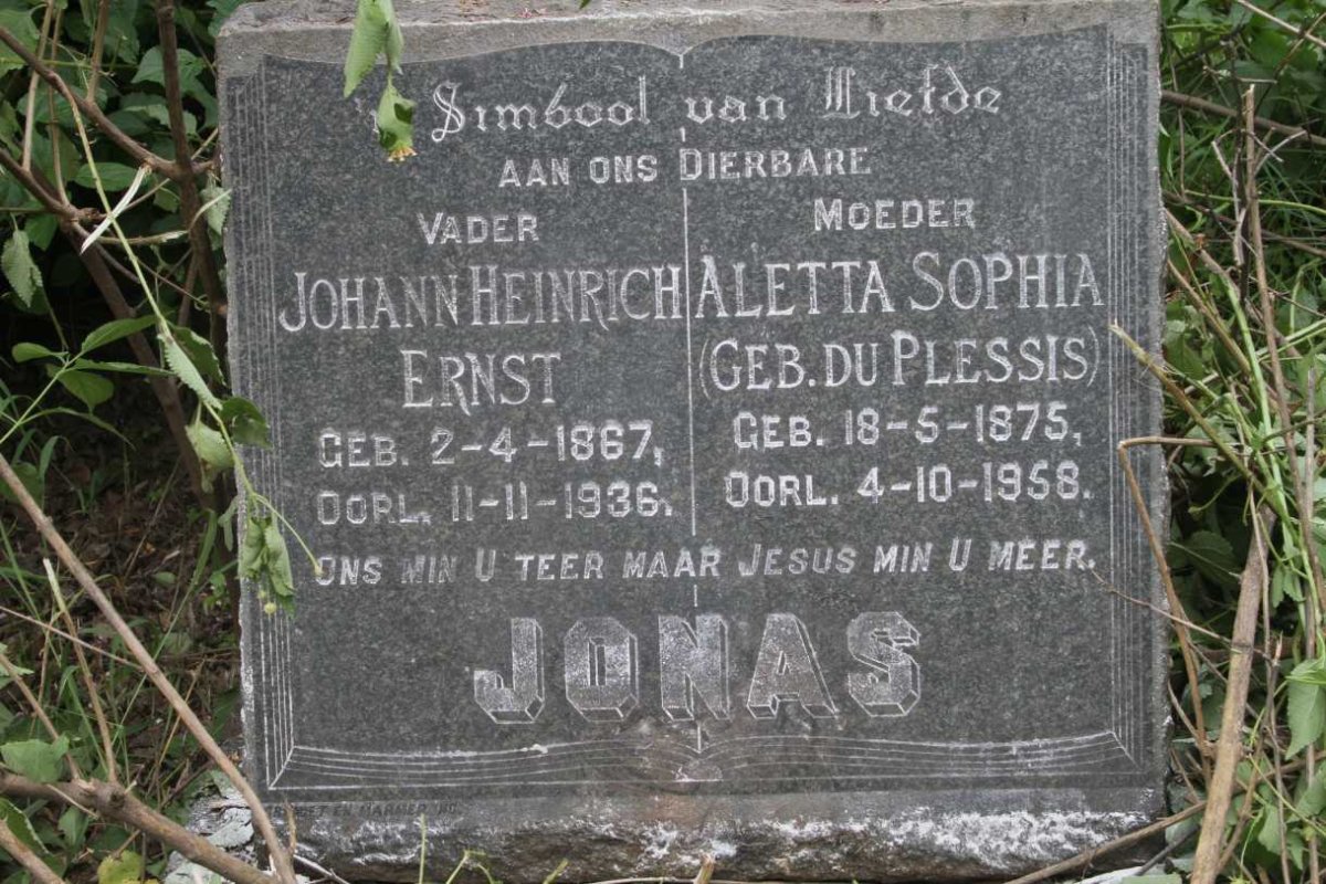 JONAS Johann Heinrich Ernst 1867-1936 & Aletta Sophia DU PLESSIS 1875-1958