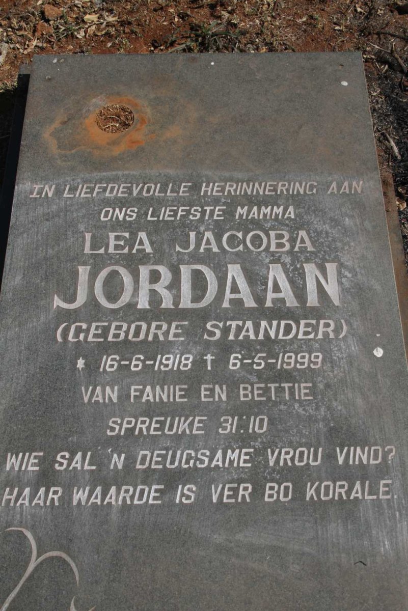 JORDAAN Lea Jacoba nee STANDER 1918-1999