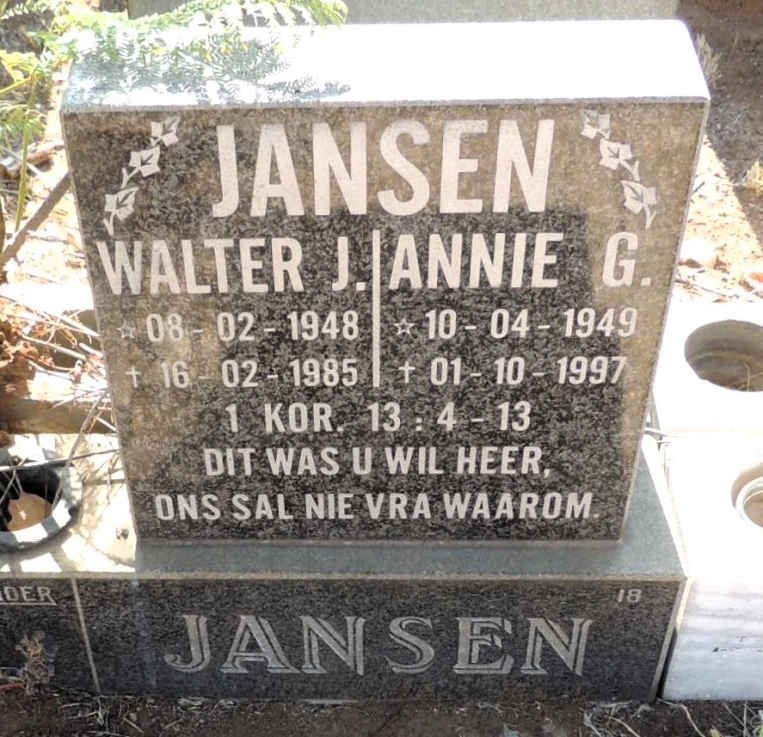 JANSEN Walter J. 1948-1985 & Annie G. 1949-1997