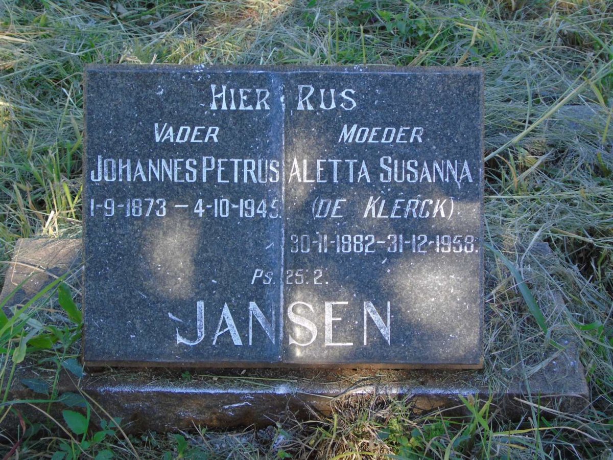 JANSEN Johannes Petrus 1873-1945 & Aletta Susanna DE KLERCK 1882-1958