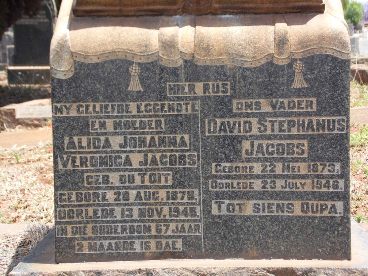 JACOBS David Stephanus 1873-1946 &amp; Alida Johanna Veronica DU TOIT 1878-1945