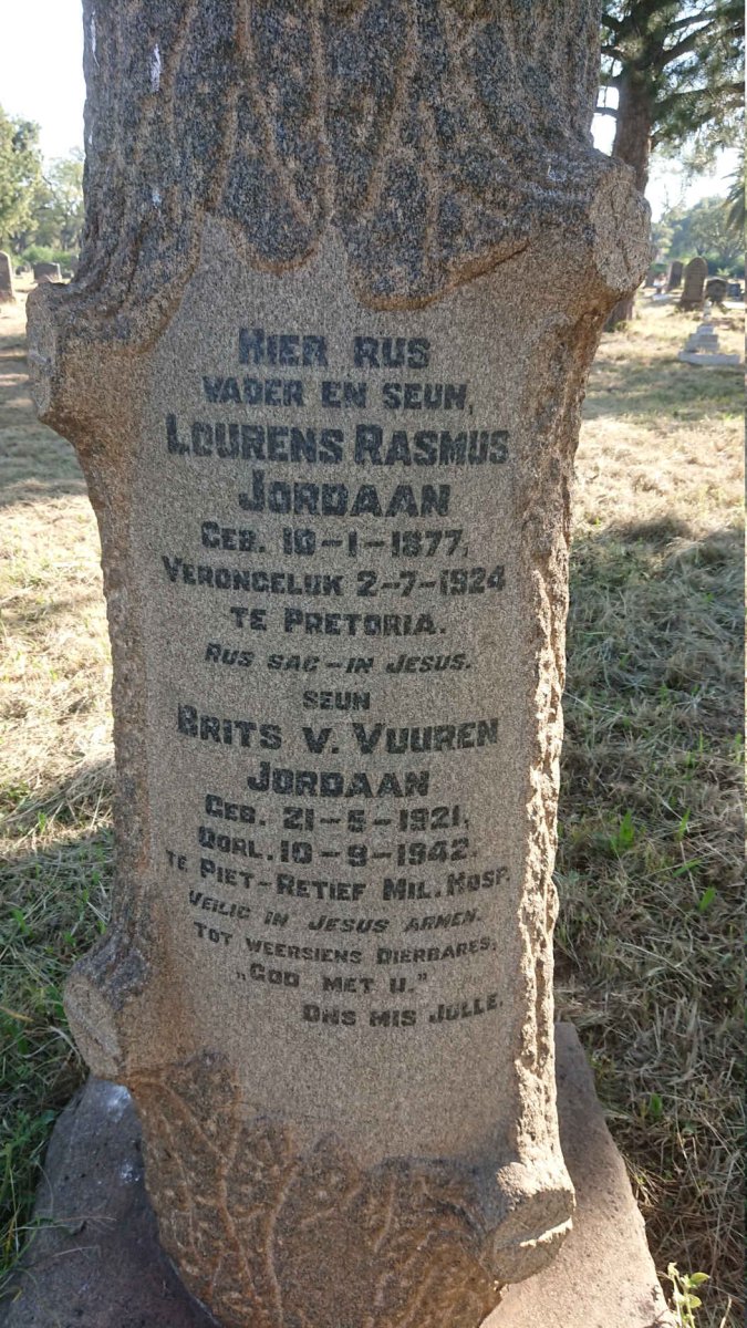JORDAAN Lourens Rasmus 1877-1924 :: JORDAAN Brits v. Vuuren 1921-1942