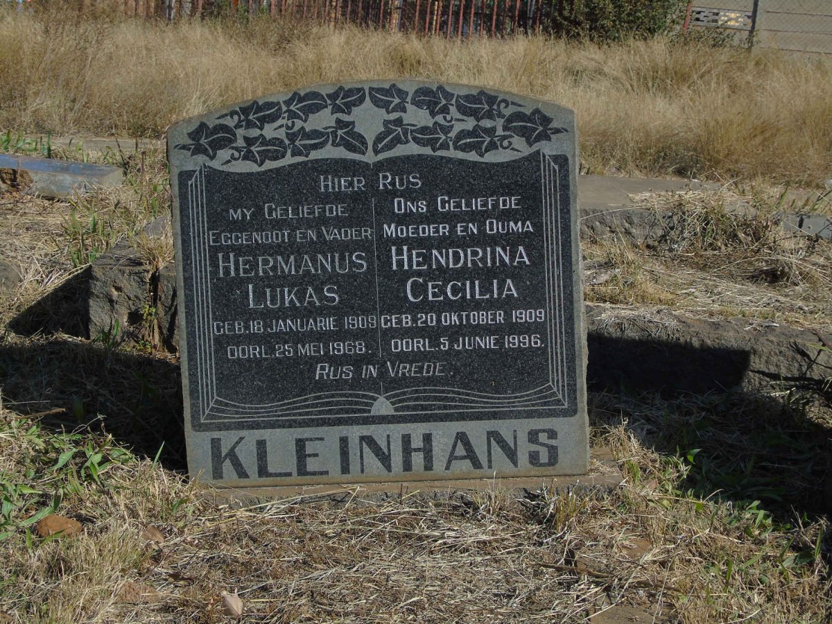 KLEINHANS Hermanus Lukas 1909-1968 &amp; Hendrina Cecilia 1909-1996