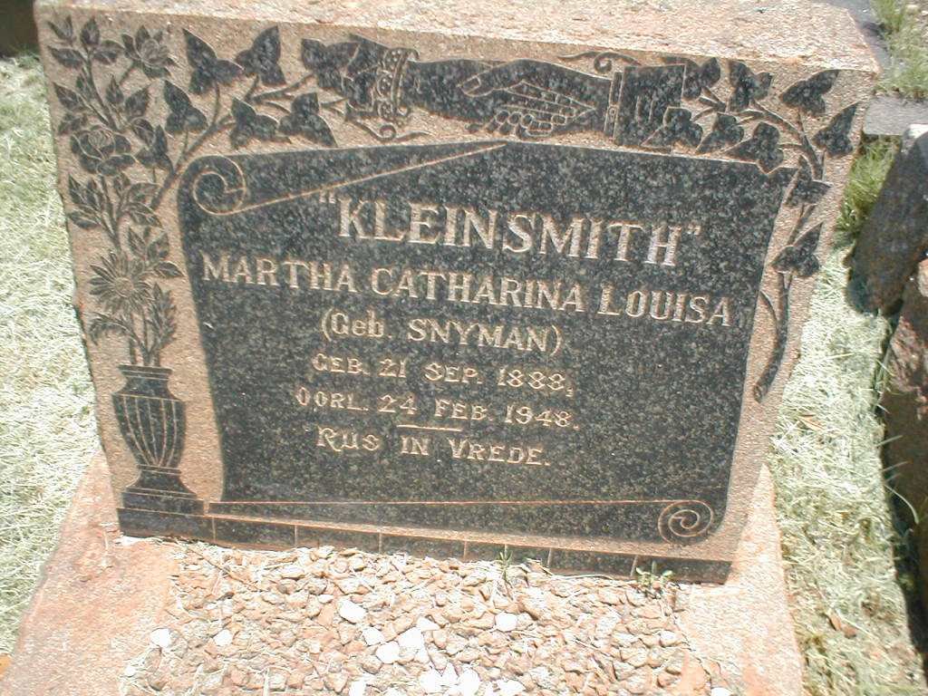 KLEINSMITH Martha Catharina Louisa nee SNYMAN 1888-1948