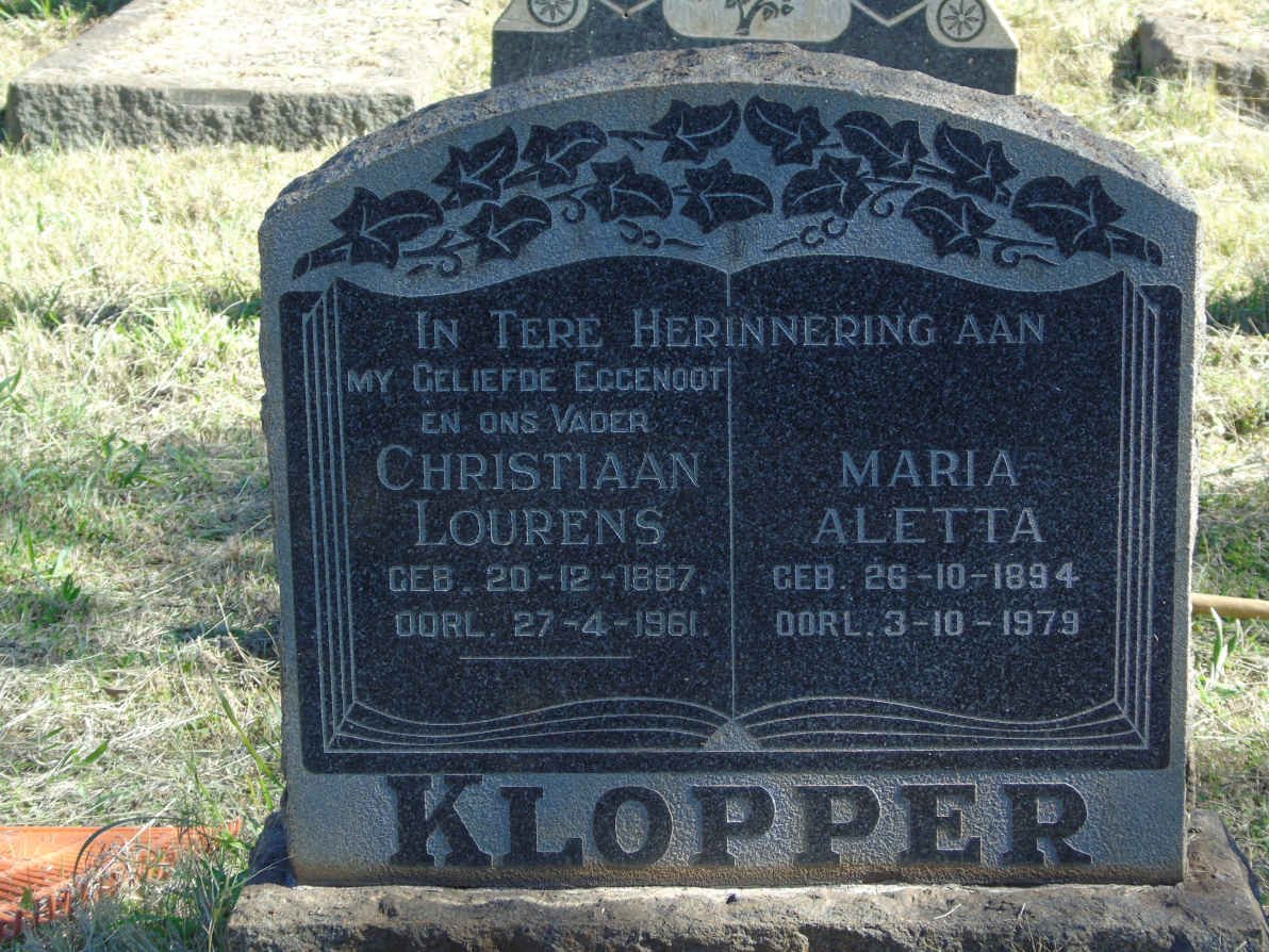 KLOPPER Christiaan Lourens 1887-1961 &amp; Maria Aletta 1894-1979