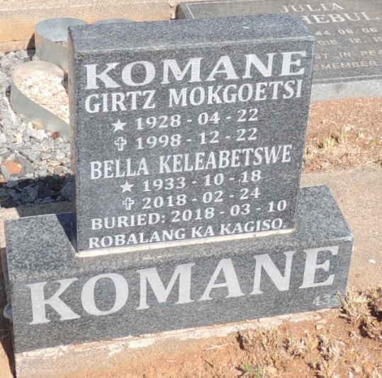 KOMANE Girtz Mokgoetsi 1928-1998 & Bella Keleabetswe 1933-2018