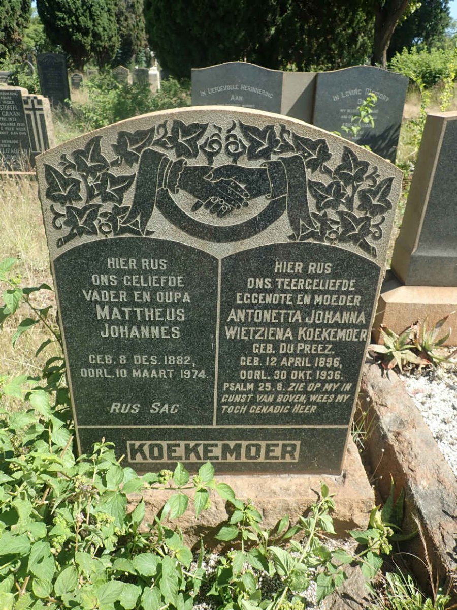 KOEKEMOER Mattheus Johannes 1882-1974 &amp; Antonetta Johanna Wietziena DU PREEZ 1896-1936