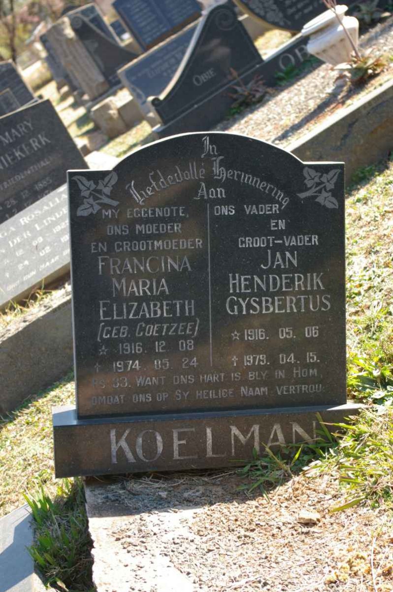 KOELMAN Jan Henderik Gysbertus 1916-1979 &amp; Francina Maria Elizabeth COETZEE 1916-1974
