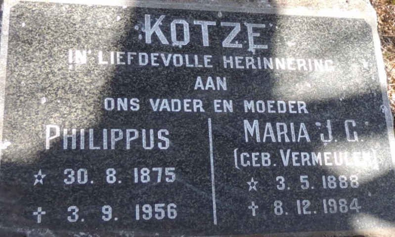 KOTZE Philippus 1875-1956 & Maria J.G. VERMEULEN 1888-1984
