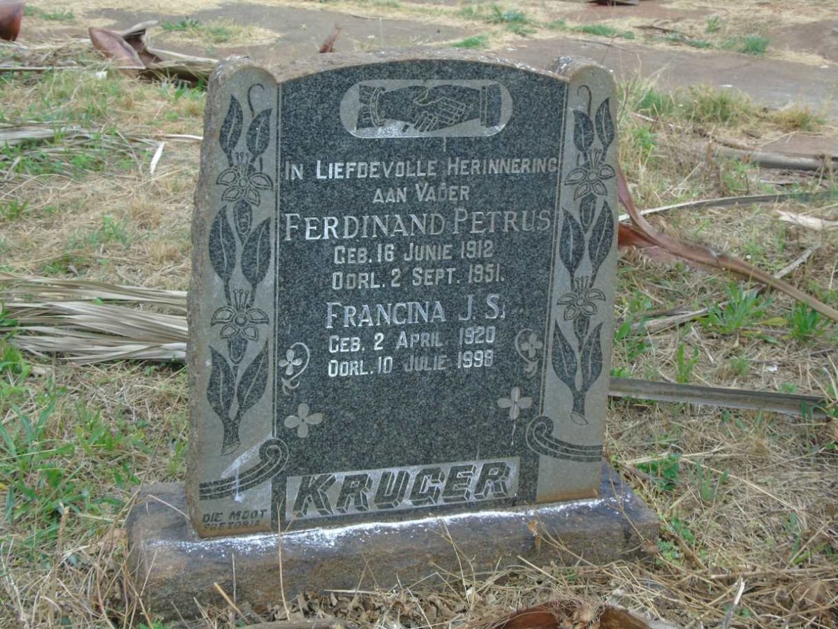 KRUGER Ferdinand Petrus 1912-1951 & Francina J.S. 1920-1998