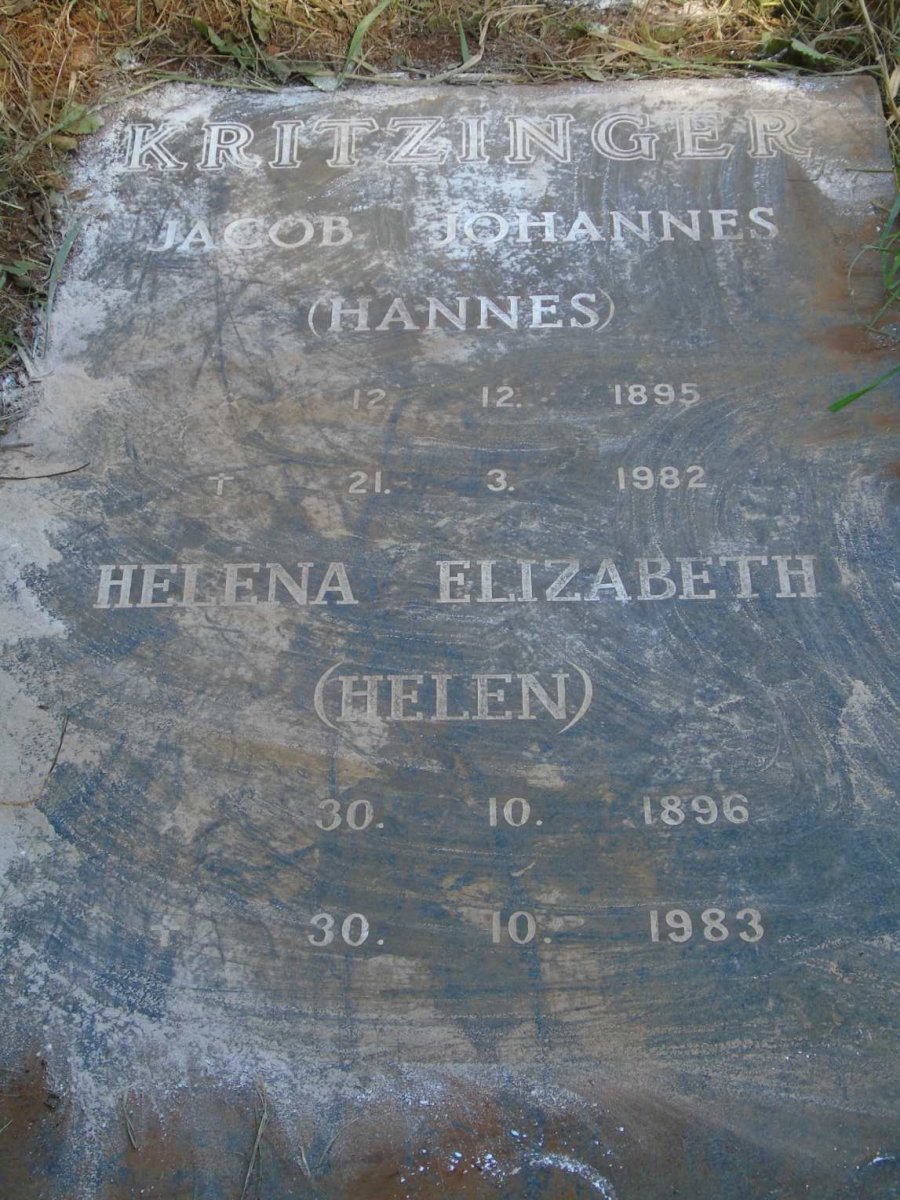 KRITZINGER Jacob Johannes 1895-1982 & Helena Elizabeth 1896-1983