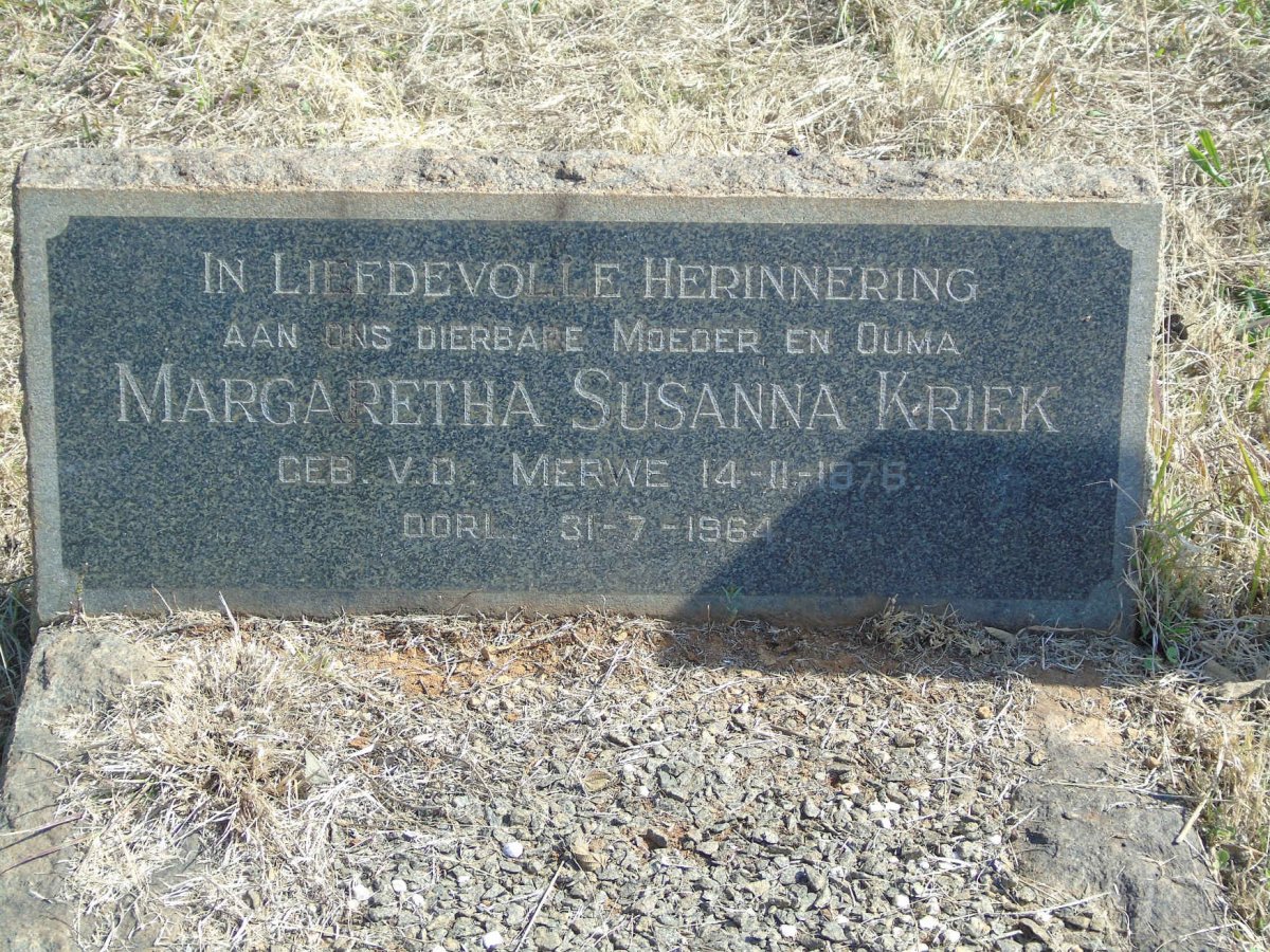 KRIEK Margaretha Susanna nee V.D. MERWE 1876-1964