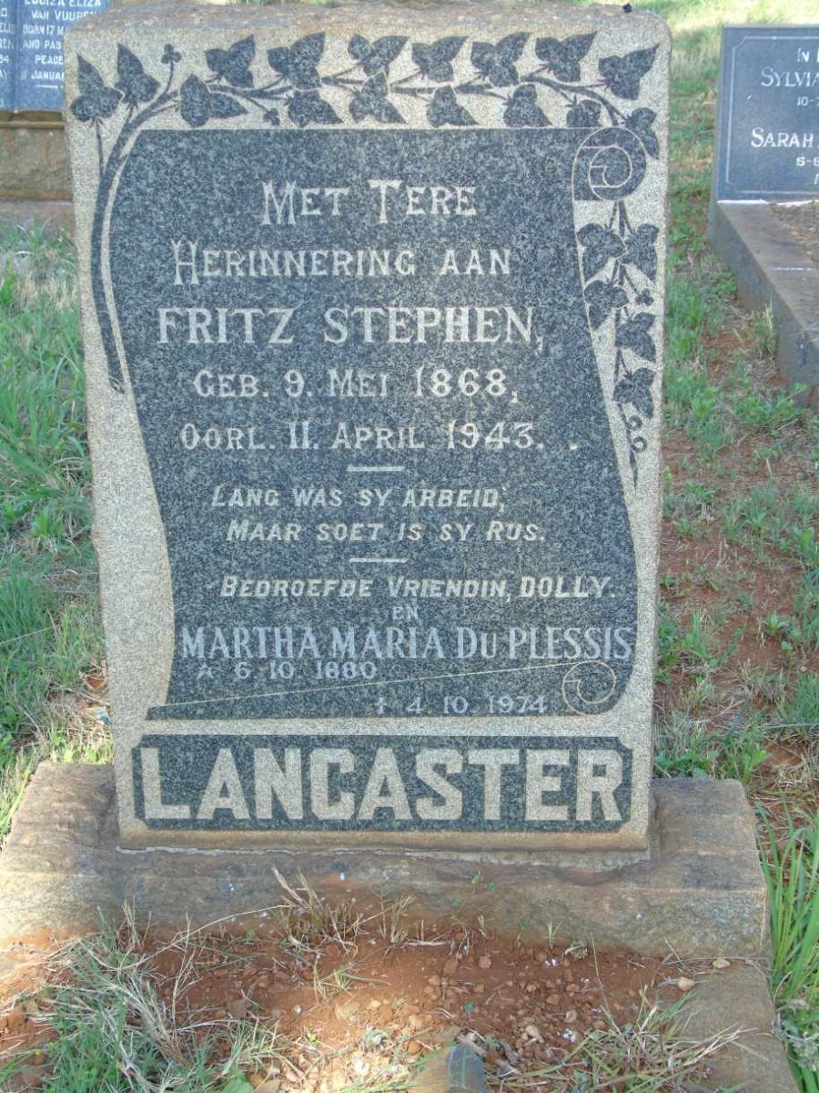 LANCASTER Fritz Stephen 1868-1943 & Martha Maria DU PLESSIS 1880-1974