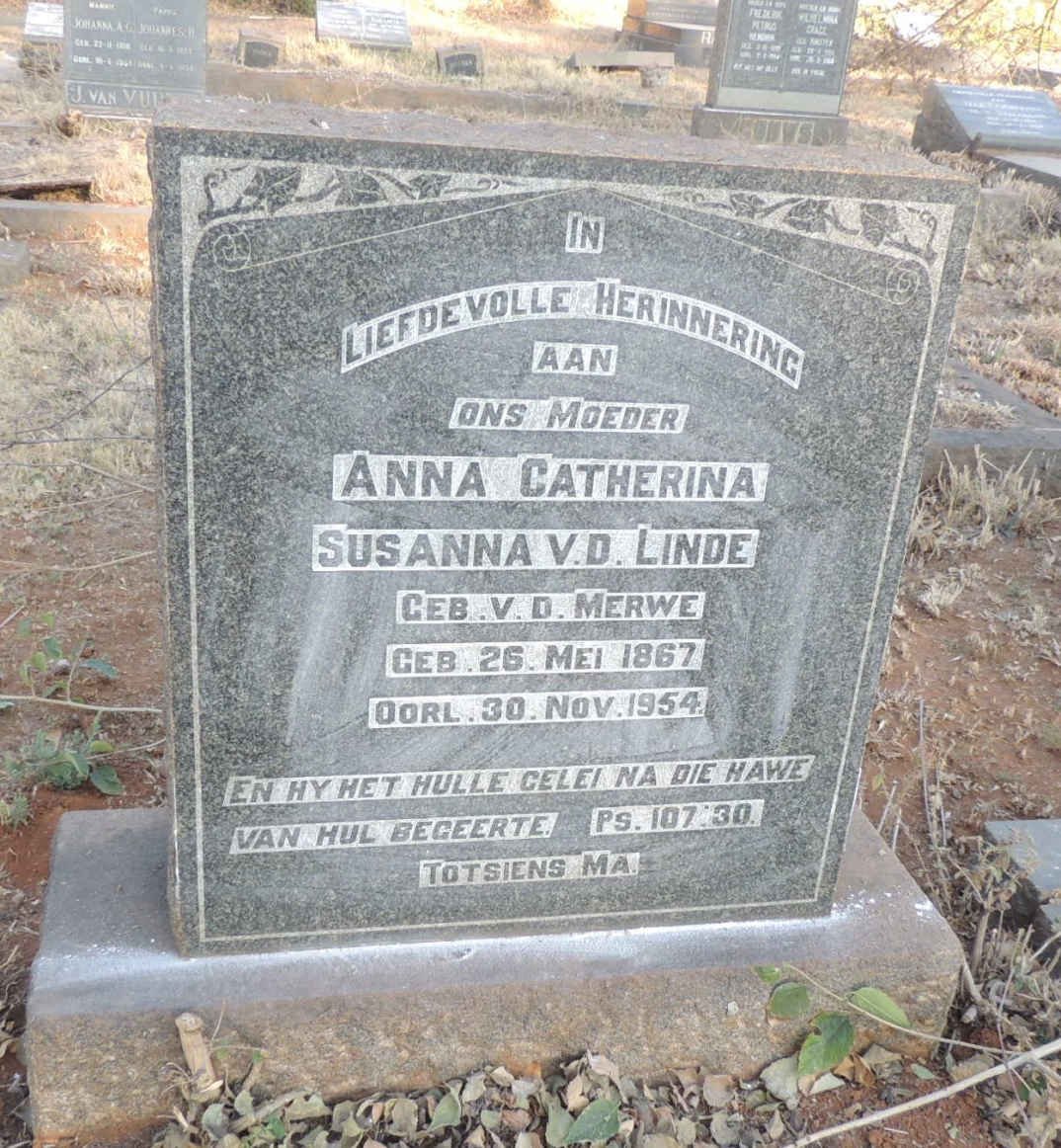 LINDE Anna Catherina Susanna, v.d. nee V.D. MERWE 1867-1954
