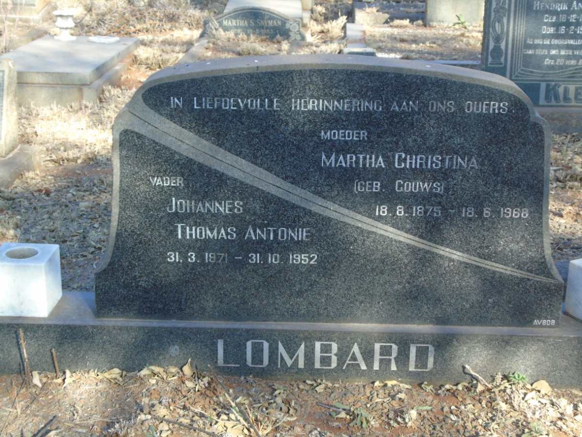 LOMBARD Johannes Thomas Antonie  1871-1952 & Martha Christina GOUWS 1875-1968