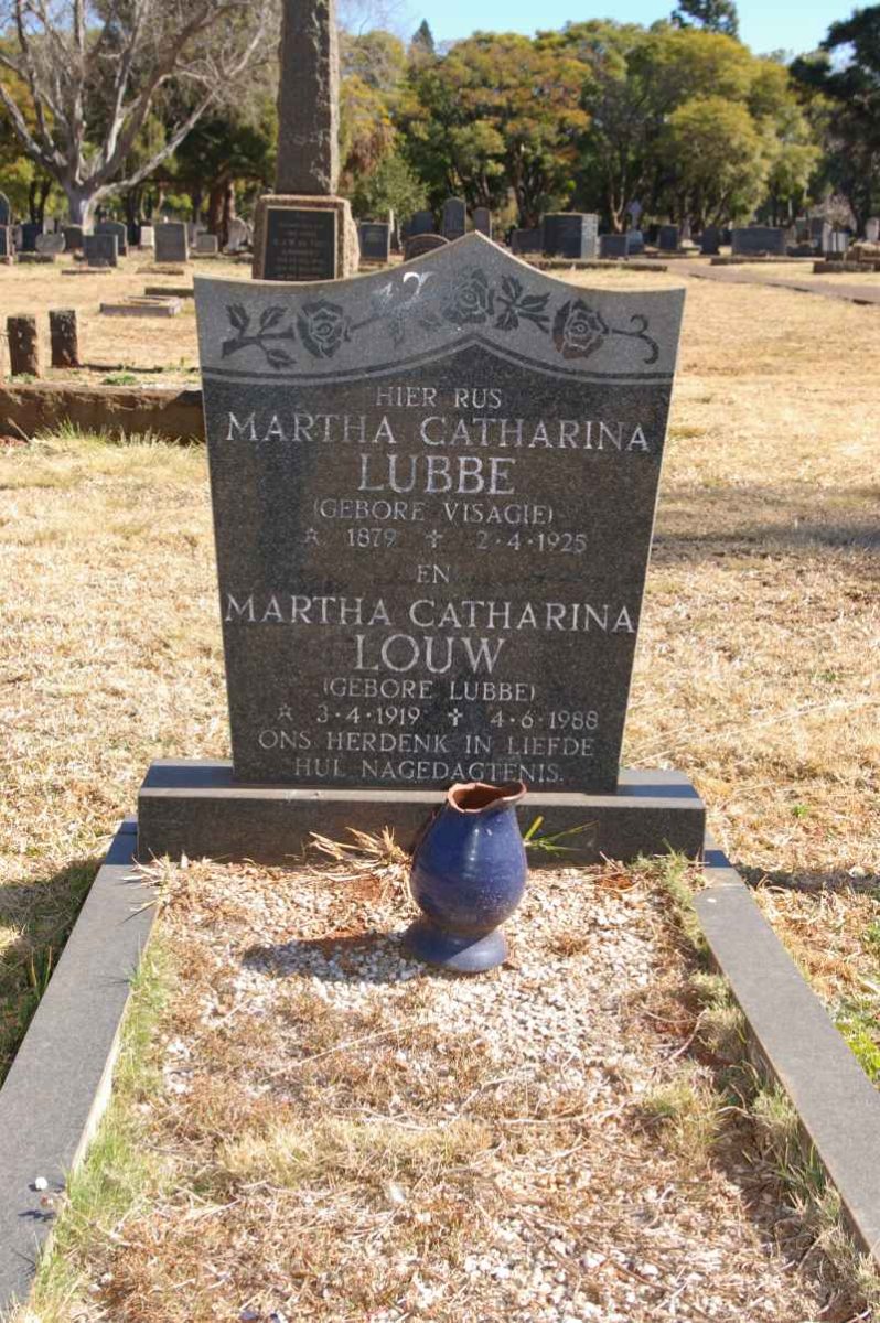 LUBBE Martha Catharina nee VISAGIE 1879-1925 :: LOUW Martha Catharina nee LUBBE 1919-1988