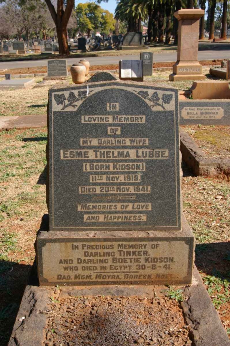 LUBBE Esme Thelma nee KIDSON 1919-1941 :: KIDSON Tinker -1941 :: KIDSON Boetie -1941
