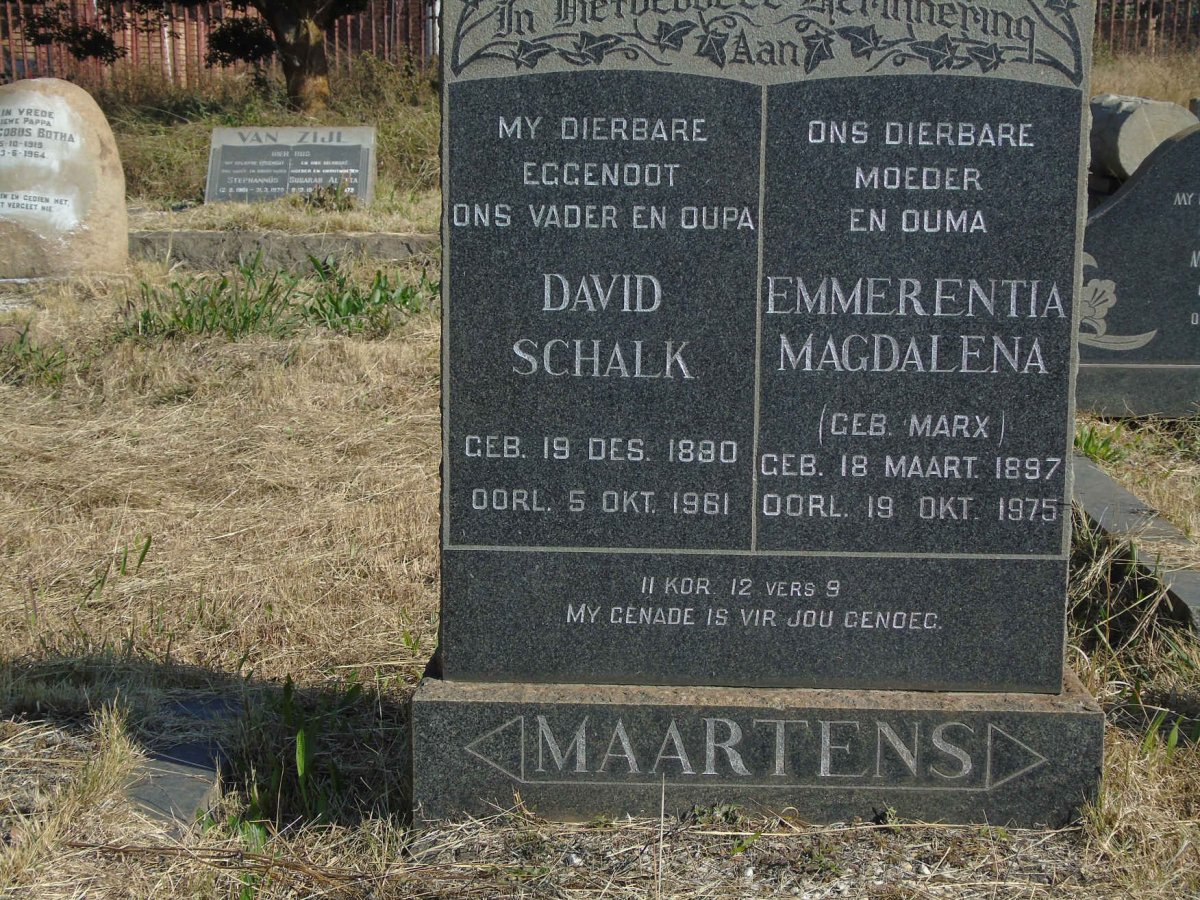 MAARTENS David Schalk 1880-1961 &amp; Emmerentia Magdalena MARX 1897-1975