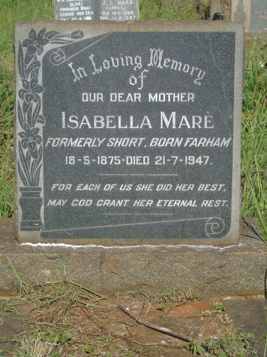 MARE Isabella formerly SHORT nee FARHAM 1875-1947
