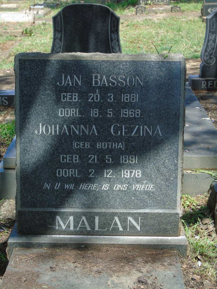 MALAN Jan Basson 1881-1968 & Johanna Gezina BOTHA 1891-1978