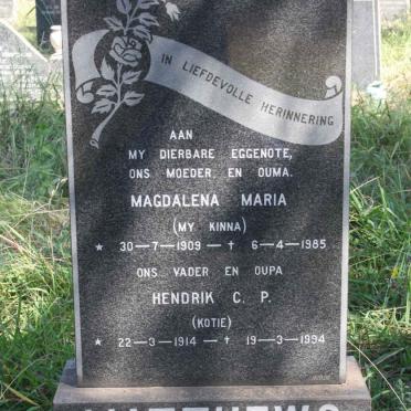 MATTHEWS Hendrik C.P. 1914-1994 &amp; Magdalena Maria 1909-1985