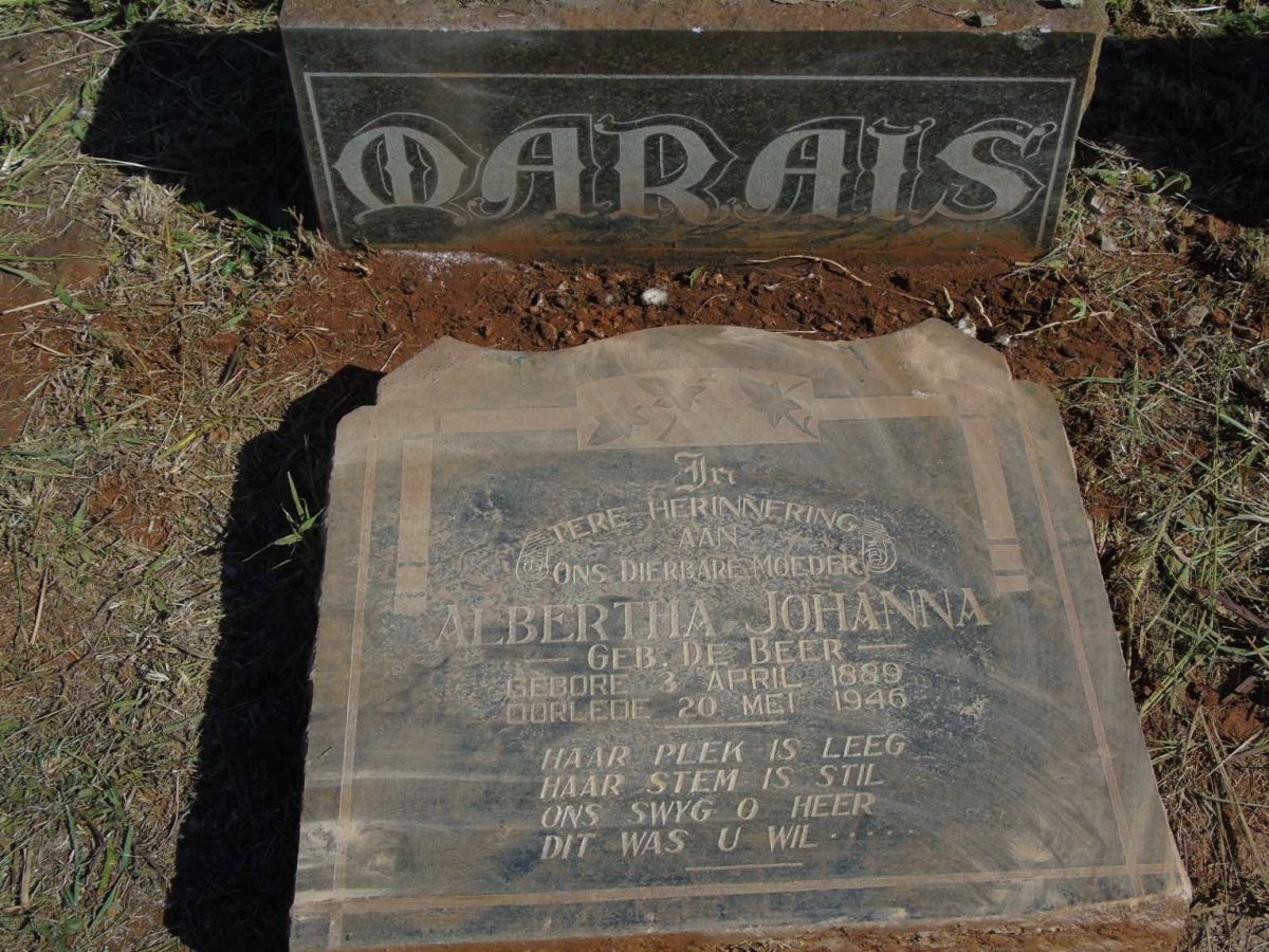 MARAIS Albertha Johanna nee DE BEER 1889-1946