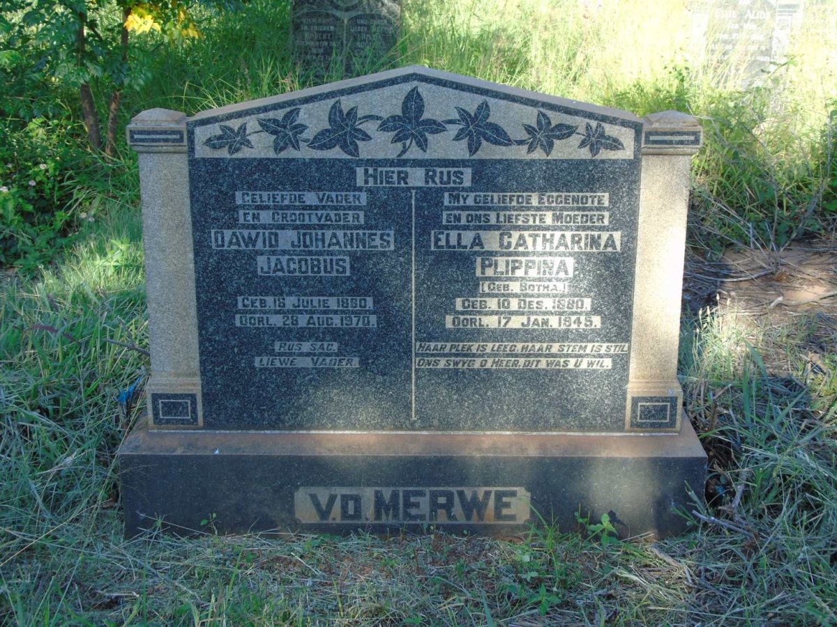 MERWE Dawid Johannes Jacobus, v.d. 1880-1970 & Ella Catharina Plippina BOTHA 1880-1945