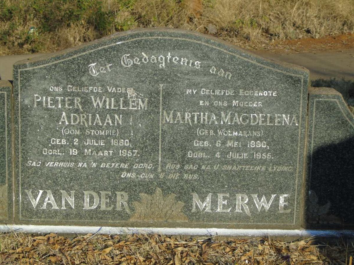 MERWE Pieter Willem Adriaan, van der 1880-1957 & Martha Magdelena WOLMARANS 1880-1955