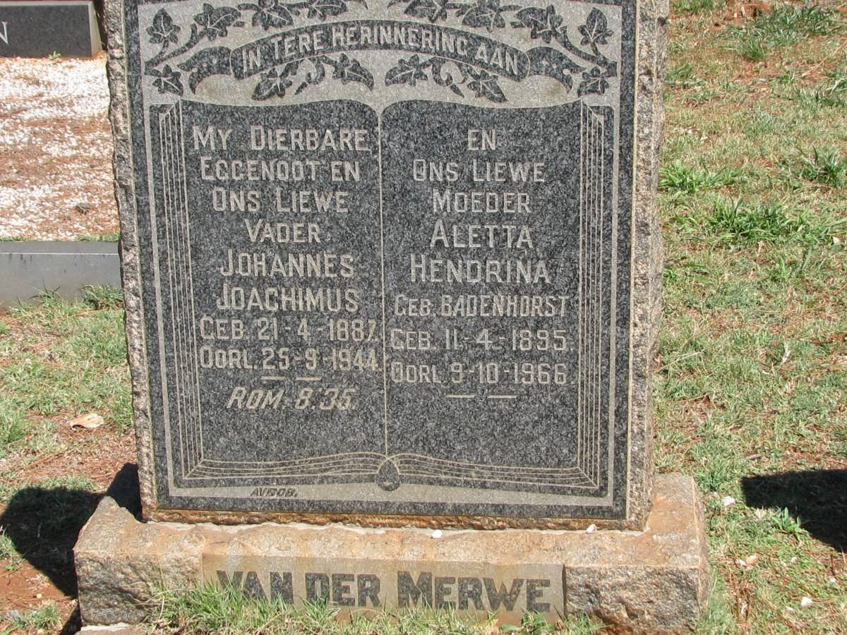 MERWE Johannes Joachimus, van der 1887-1944 &amp; Aletta Hendrina BADENHORST 1895-1966