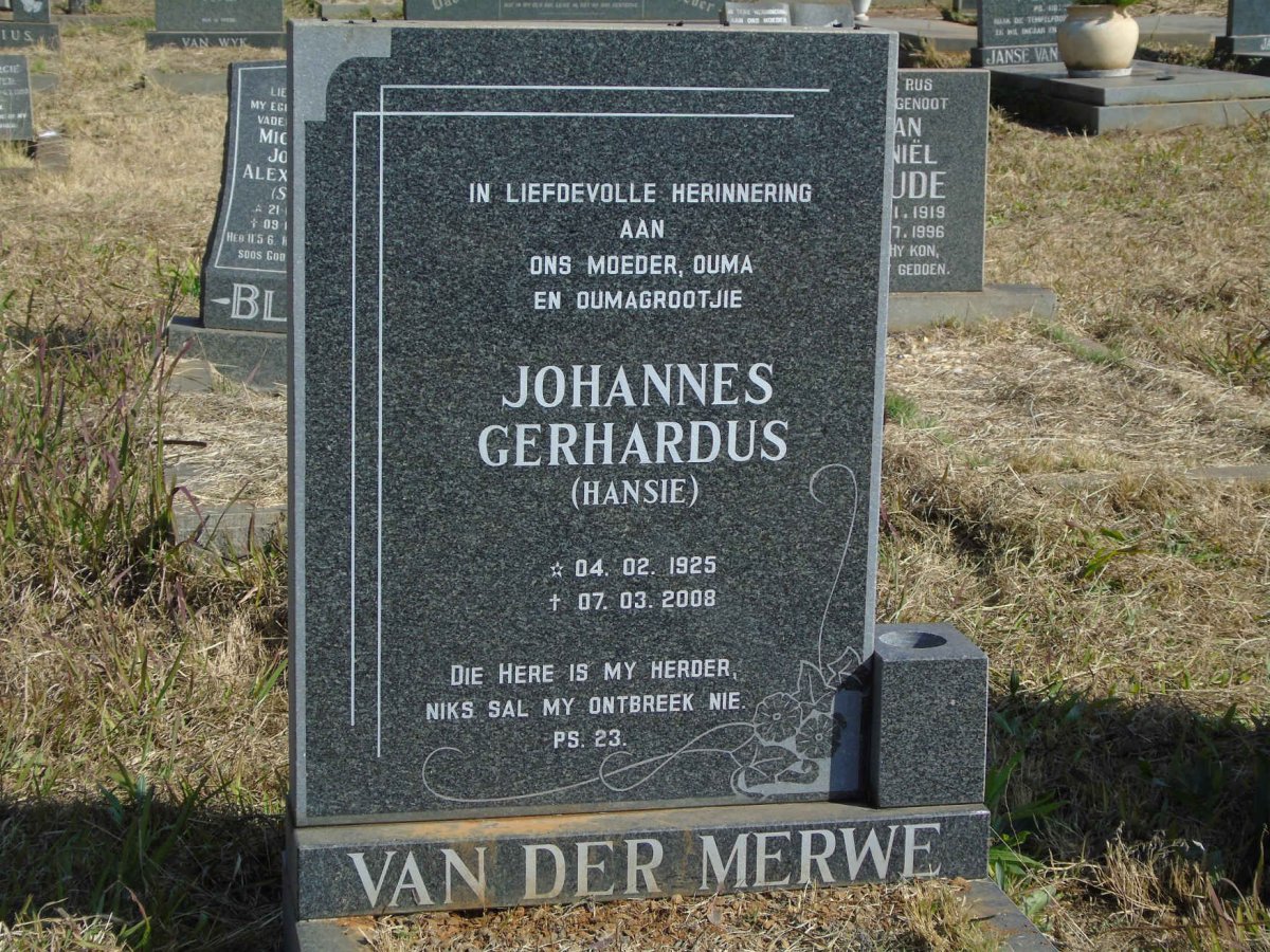MERWE Johannes Gerhardus, van der 1925-2008