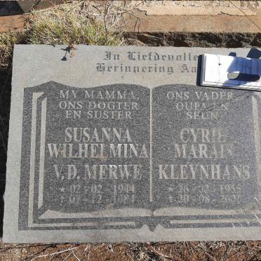 MERWE Susanna Wilhelmina, v.d. 1944-1984 :: KLEYNHANS Cyril Marais 1955-2001