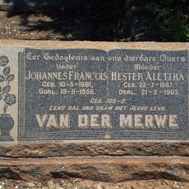 MERWE Johannes Francois 1881-1956 &amp; Hester Alettha 1887-1963