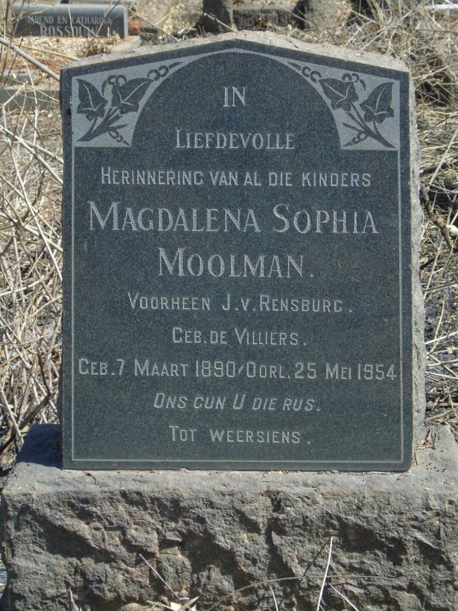MOOLMAN Magdalena Sophia formerly J.V. RENSBURG nee DE VILLIERS 1890-1954
