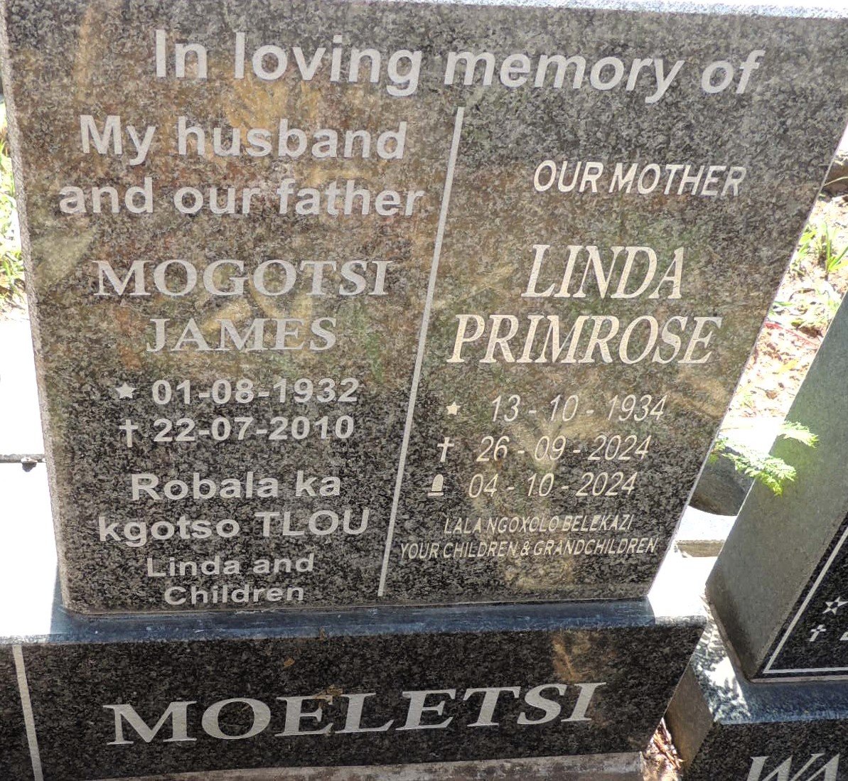 MOELETSI Mogotsi James 1932-2010 & Linda Primrose 1934-2024