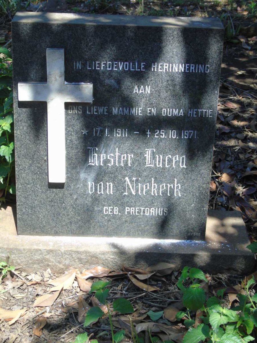 NIEKERK Hester Lucea, van nee PRETORIUS 1911-1971