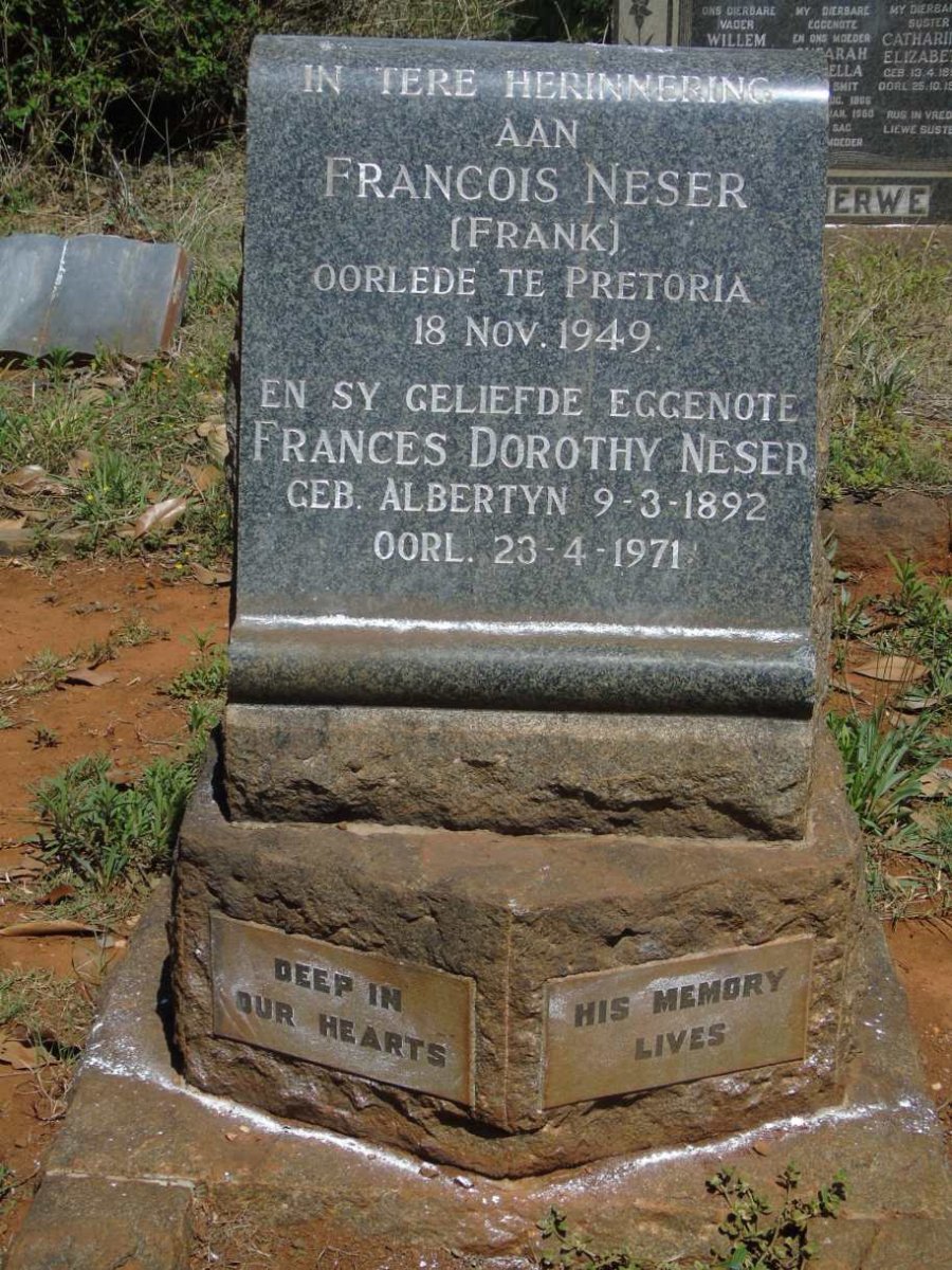 NESER Francois -1949 & Frances Dorothy ALBERTYN 1892-1971